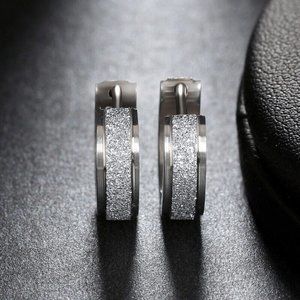 Mens Silver Stainless Steel Frosted Sandblast Hoop Earrings 14mm Party Gift